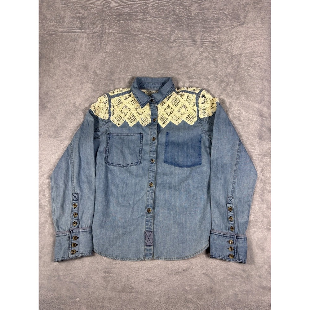 We The Free Western Crochet Yoke Denim Button-up Shirt Womens XS Blue